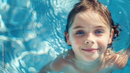 Young girl smiling in swimming pool  water glistening around her