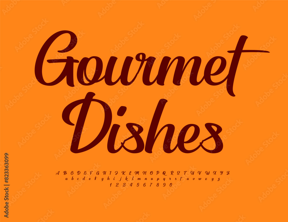 Vector trendy logo Gourmet Dishes. Beautiful Cursive Font. Modern Alphabet Letters and Numbers set.