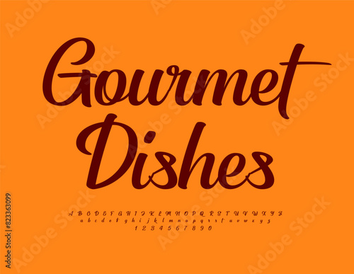Vector trendy logo Gourmet Dishes. Beautiful Cursive Font. Modern Alphabet Letters and Numbers set.