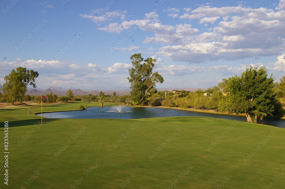 Scenic view from hilltop of golf course, mountains, and clear blue sky in Utah Scenic view from hilltop of golf course, mountains, and clear blue sky in Utah