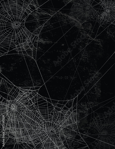 detailed spider web silhouette against black textured concrete wall - halloween theme dark realistic copy space vector background with empty trap outlines