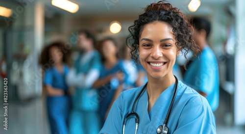 Smiling healthcare professional in scrubs with colleagues background