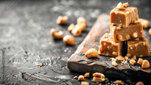 Stacked peanut brittle pieces on wooden board with scattered peanuts dark surface photo