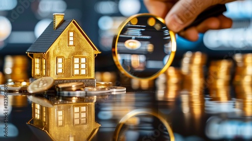 A hand holds a magnifying glass over a small model house and stacks of gold coins, symbolizing investment and property value analysis