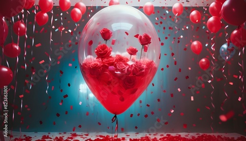 disposable photography of huge transparent balloon, which filled with roses with confetti