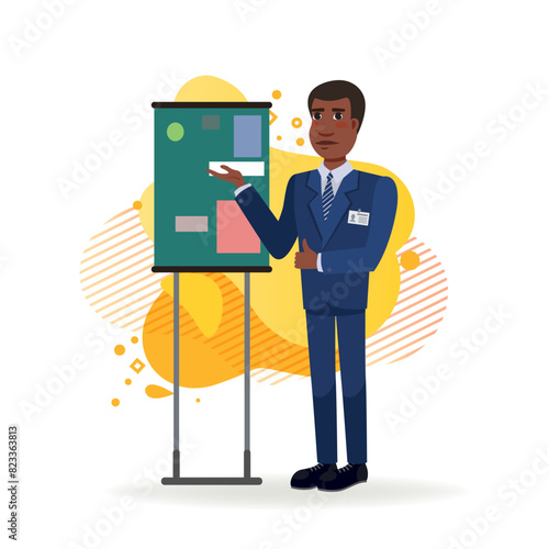 African American business leader giving presentation. Flat vector illustration. Young man in suit with badge near flipchart. Business, leadership, coach, training concept