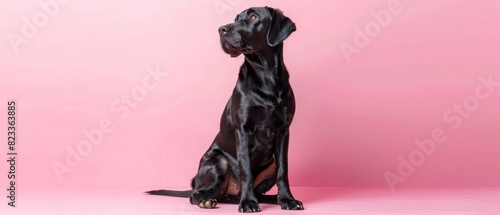 A black dog is sitting on a pink background