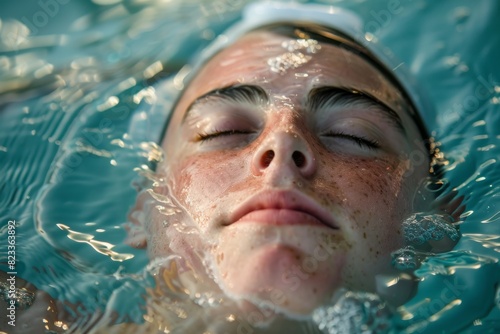 A serene image of an individual floating calmly in a pool with sunlight filtering through the water © ChaoticMind