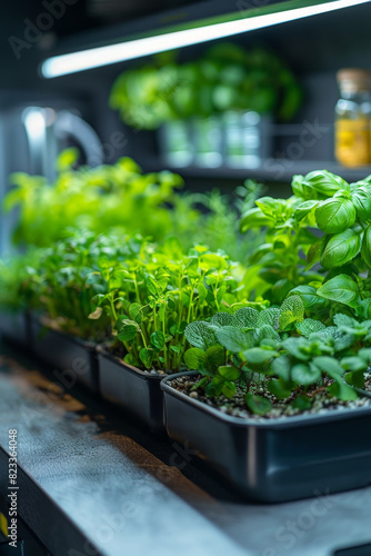 LED grow lights nurture basil, mint, and parsley in water-based solution on countertop.