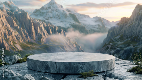Cylinder stone podium against majestic mountain backdrop