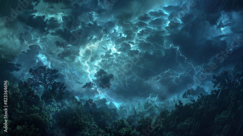 An artistic depiction of a stormy sky over a dense forest  with heavy rain and lightning strikes illuminating the dark clouds