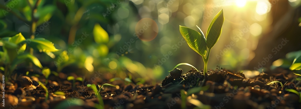 New Sprout Growing on Soil with Sunlight Background New Sprout Growing on Soil with Sunlight Background
