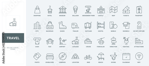 Map direction to museum, tickets to cruise and airplane, funicular thin black and red outline symbols, vector illustration. Travel destination of summer vacation, hotel service line icons set
