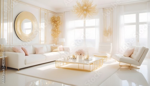 white and gold theme interior modern minimalism photo realism