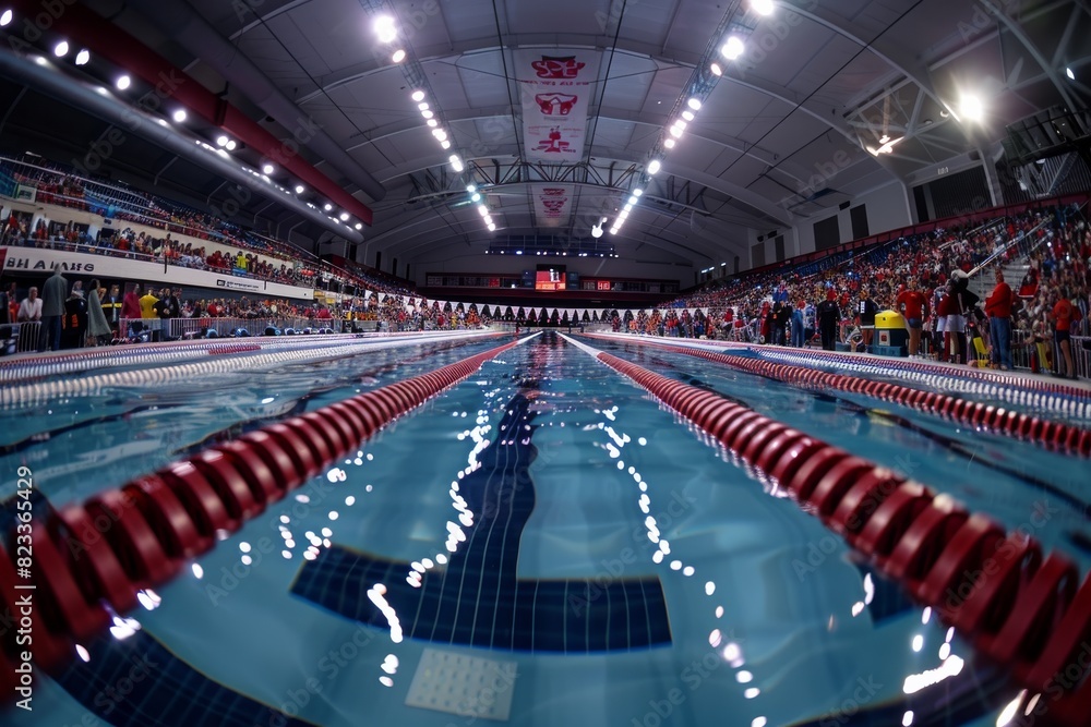 Obraz premium An indoor Olympic-sized swimming pool ready for races with spectator stands full of audience and lane dividers in place