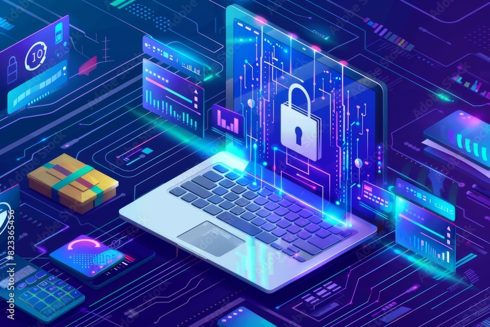 Detailed illustration of a secure online shopping platform with a laptop and various digital elements Detailed illustration of a secure online shopping platform with a laptop and various digital elements