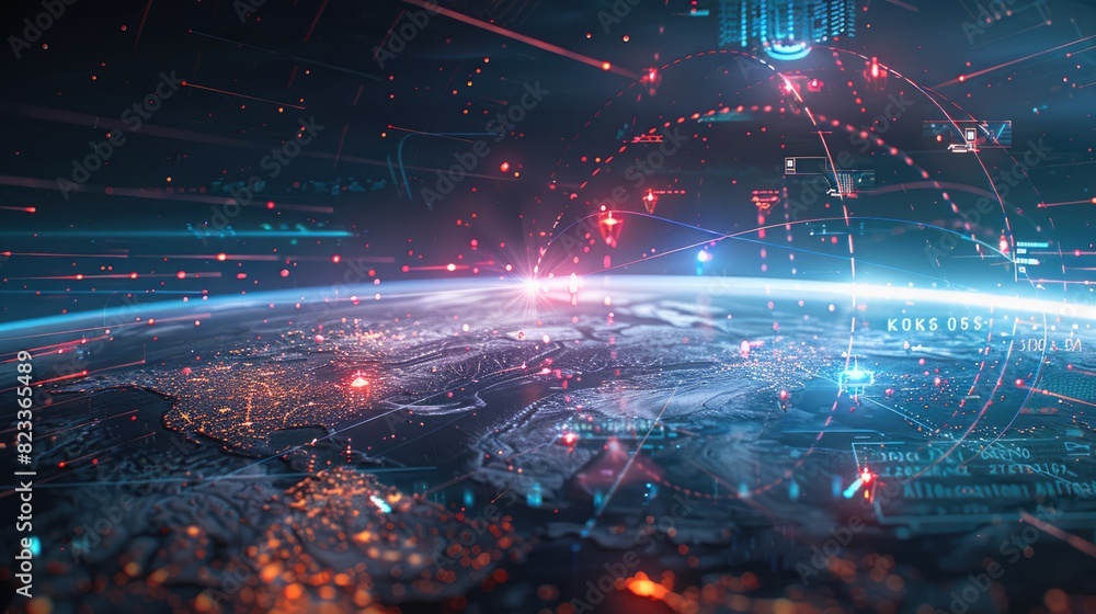 Fototapeta premium Globe hologram with data points and lines, demonstrating worldwide data mining and analytical connectivity. Data mining visualization