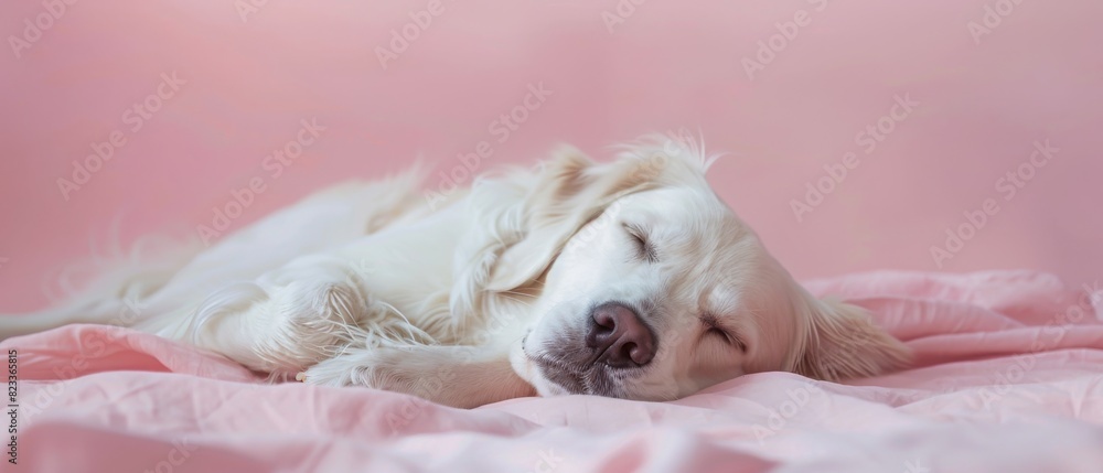 A white dog is sleeping on a pink bed A white dog is sleeping on a pink bed