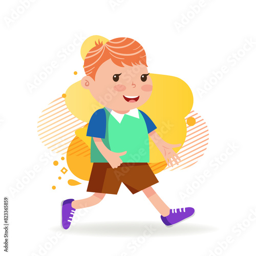 Little boy in sportswear running. Carefree kid with red hair in T-shirt, shorts and trainers. Childhood and sport concept. Vector illustration can be used for topics like leisure activity, hobby.
