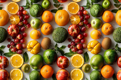 A seamless pattern of different types and colors of fresh fruits on a white background