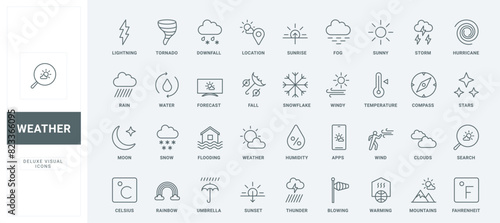 Meteorology and climate forecast pictograms vector illustration. Weather line icons set. Humidity and temperature of Celsius and Fahrenheit, sun and rain from clouds thin black and red outline symbols © Iconic Prototype