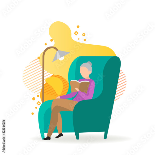 Senior woman reading book. Female cartoon character sitting in big armchair in living room. Retirement concept. Vector illustration can be used for topics like hobby, leisure photo