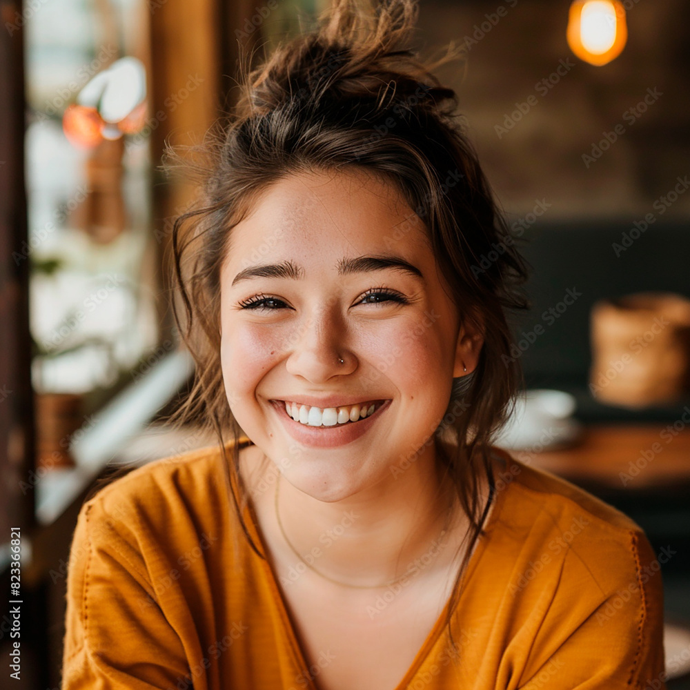 Happy young woman in a cozy sweater smiling warmly indoors with soft lighting. Happy young woman in a cozy sweater smiling warmly indoors with soft lighting.
