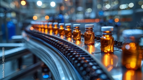High resolution image of pharmaceutical bottles on a conveyor belt inside a manufacturing plant