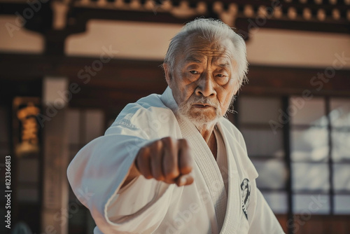 elderly oriental old man trains martial arts in idyllic dojo in Japan photo
