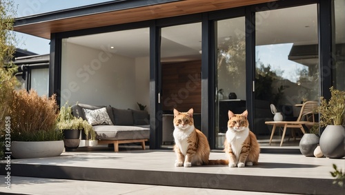 Two ginger cats are sitting on a wooden deck outside a house.