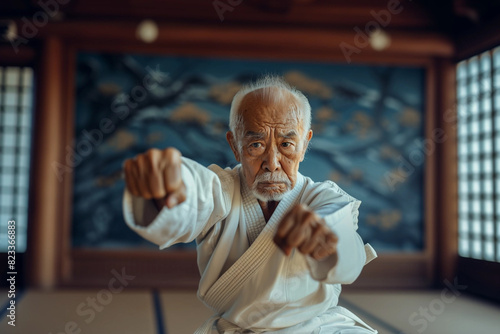 elderly oriental old man trains martial arts in idyllic dojo in Japan photo