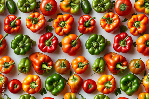 A seamless pattern of different types and colors of fresh peppers on a white background