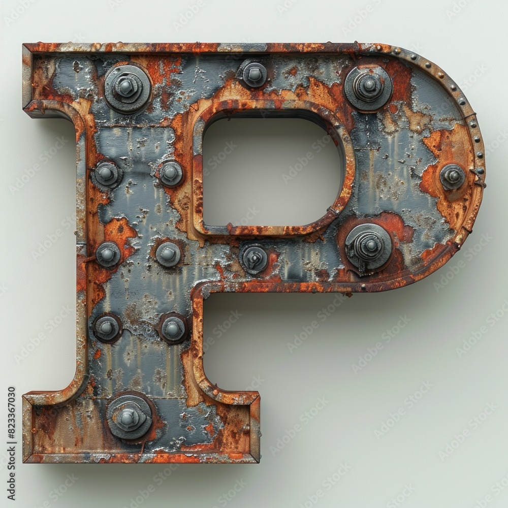 weathered, rusty letter P adorned with old rivets, showcasing the passage of time and neglect. weathered, rusty letter P adorned with old rivets, showcasing the passage of time and neglect.