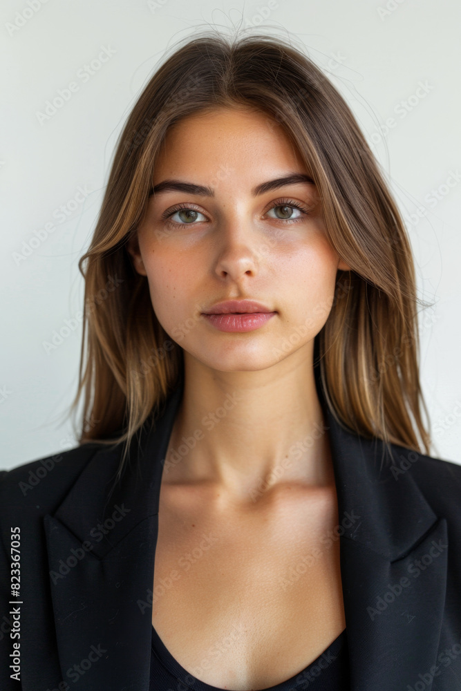 Straight-haired businesswoman in city street setting Straight-haired businesswoman in city street setting