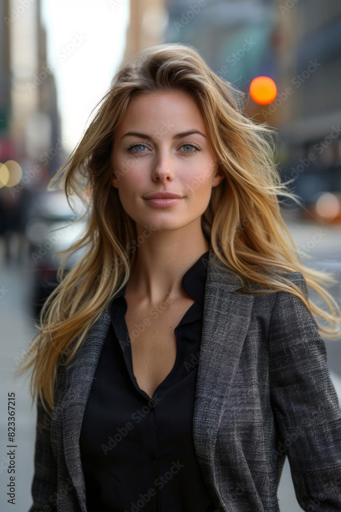 Elegant businesswoman on city street background