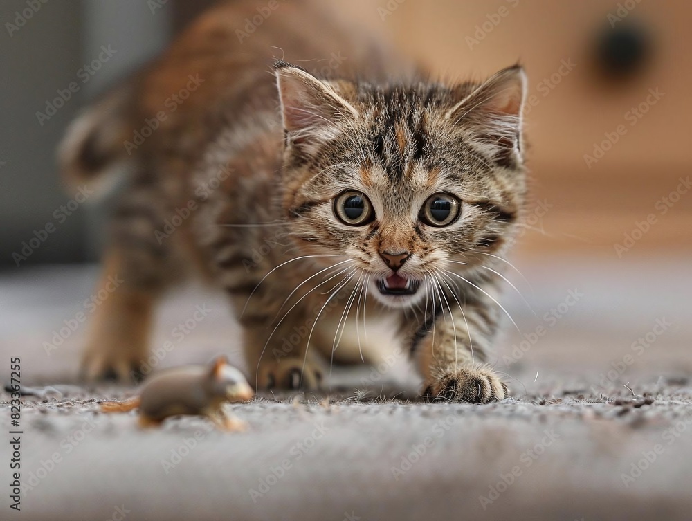 Obraz premium Picture a cat feeling ecstatic, pouncing on a moving toy mouse