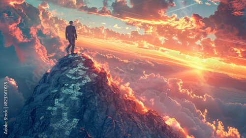 A businessman in a suit climbing a steep mountain at sunset, with a glowing horizon and scattered dollar bills representing financial success and achievement photo