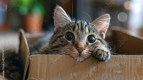 Picture a cat feeling playful, darting in and out of a cardboard box photo