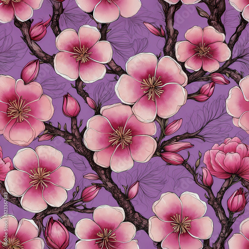 Seamless cherry blossom pattern  vector illustration style  wallpaper design. Generative ai