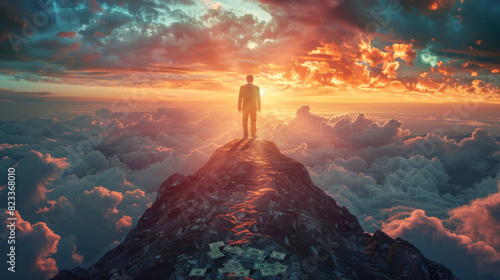 A businessman in a suit climbing a steep mountain at sunset, with a glowing horizon and scattered dollar bills representing financial success and achievement photo