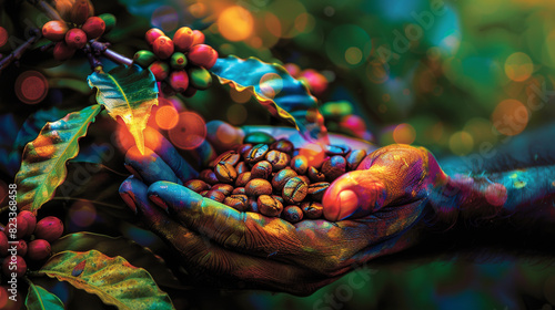 An abstract image of hands gently holding a group of coffee beans, with a coffee tree in the background, all set against a vibrant and artistic backdrop