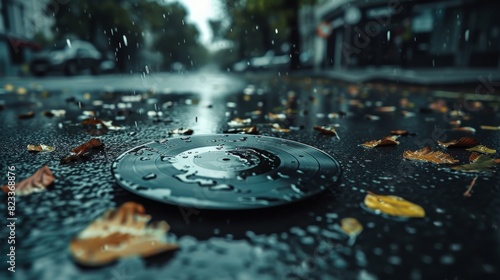 An artistic shot of a vinyl record on a rain-drenched road, surrounded by fallen leaves and reflecting city life.