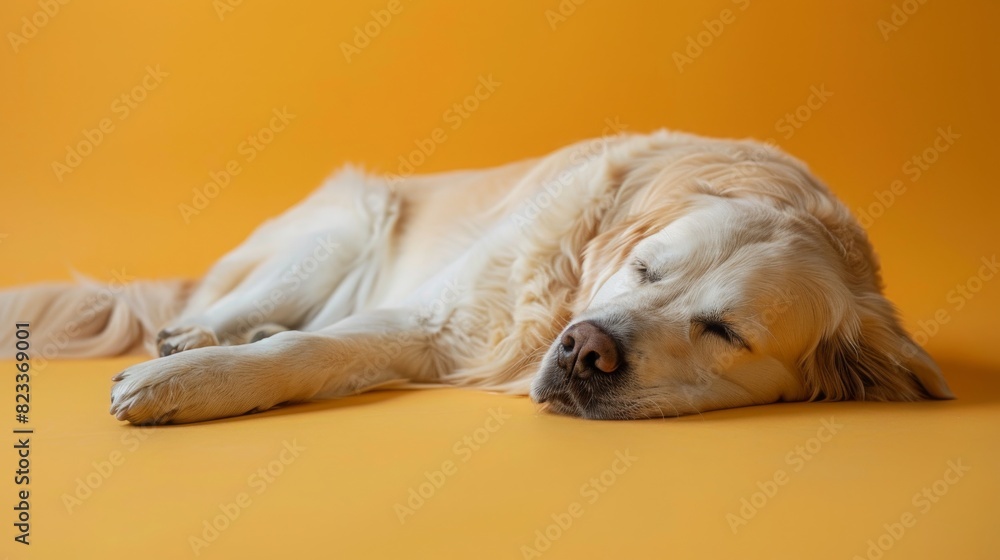 Obraz premium A dog is sleeping on a yellow surface