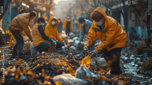 Volunteers clad in yellow jackets focus on cleaning an abundance of litter in an urban environment, symbolizing community and environmental activism