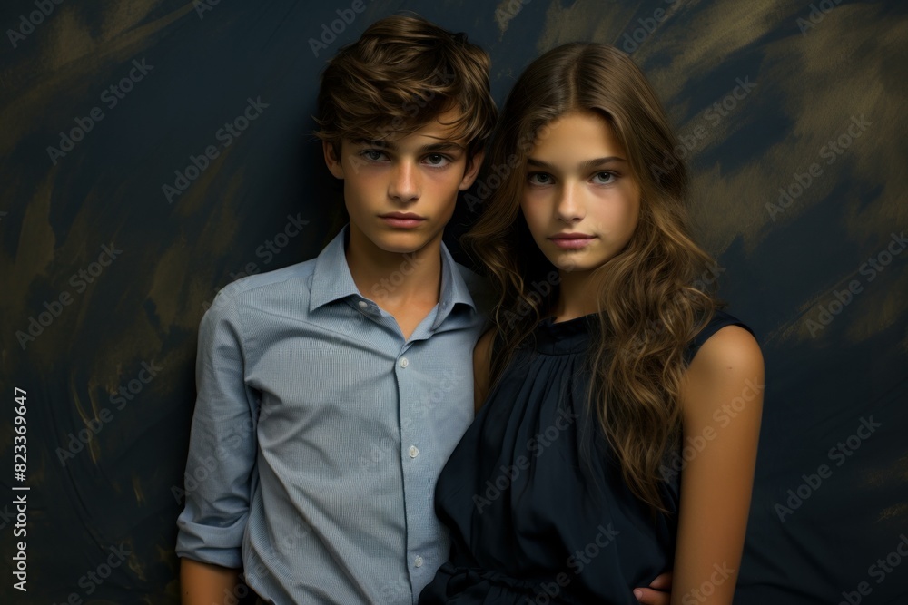 Portrait of a young boy and girl posing with a stylish and confident look against a dark, textured backdrop Portrait of a young boy and girl posing with a stylish and confident look against a dark, textured backdrop