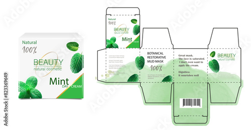 Design of the cosmetic packaging template. Cut. Cosmetic cream mask with Mint in a closed box. Realistic 3D model.