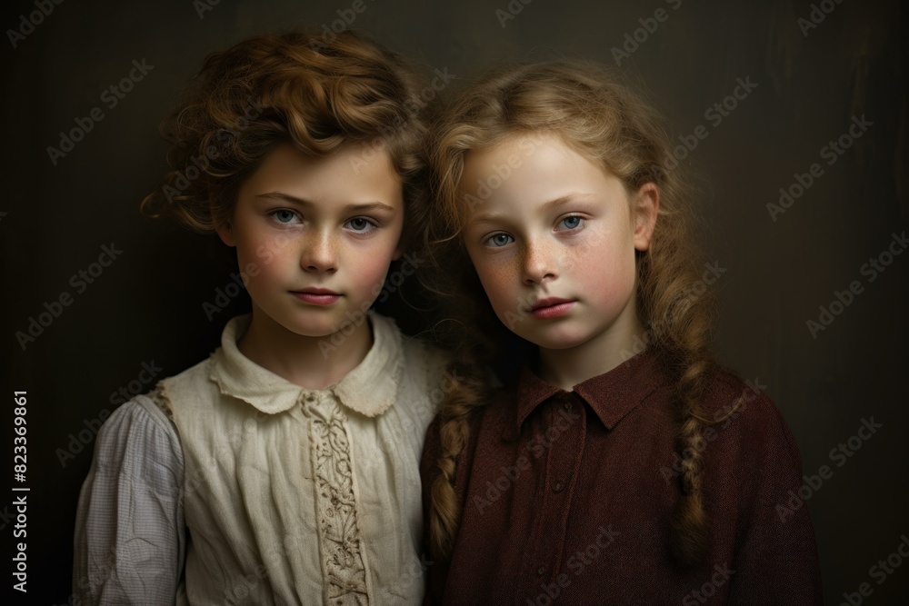 Elegant retro-styled portrait of two young girls with classic hairstyles and clothing Elegant retro-styled portrait of two young girls with classic hairstyles and clothing