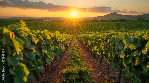 A beautiful sunset casts warm light over rows of grapevines in a vineyard, with a clear sky