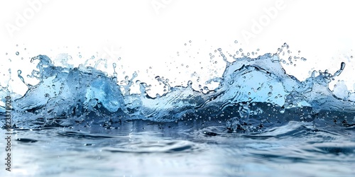 Abstract blue water wave splashing isolated on white background creating droplets. Concept Water Photography, Abstract Art, Blue Splash, High-Speed Capture, Liquid Movement