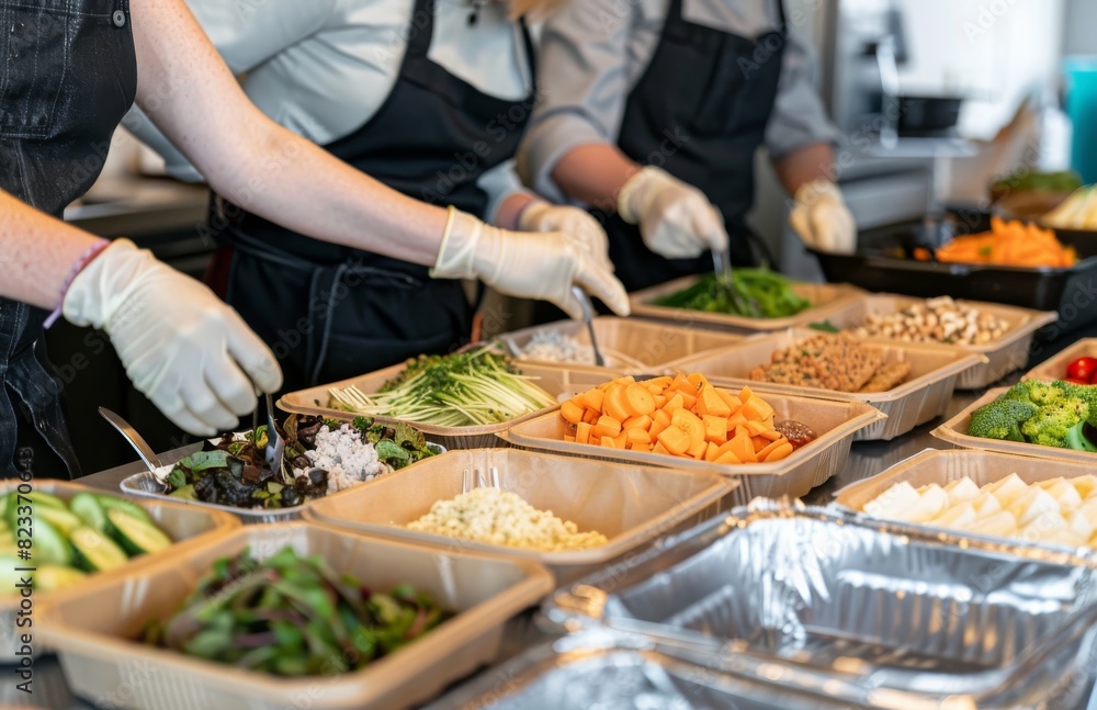 A photo of two people wearing aprons and gloves, preparing food in ecofriendly containers for takeout 